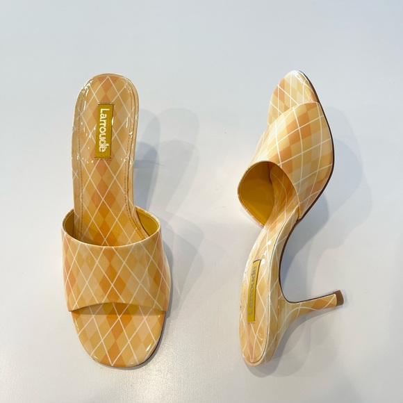 LARROUDE Colette Mule Heel In Argyle Sun Sz 7 Yellow Plaid Slide Sandal NEW $315 - Picture 2 of 9